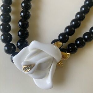 KJL for Avon Necklace -Black Beads with White Rose Pendant